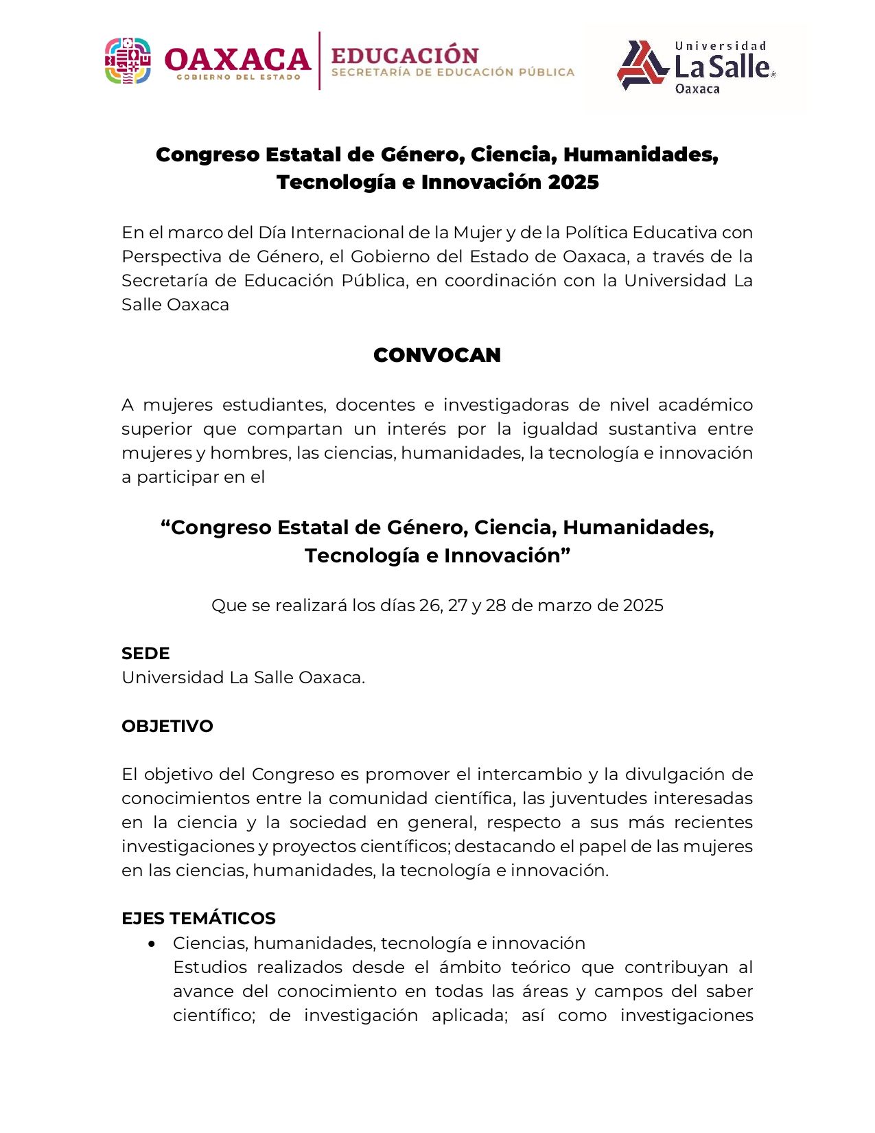 Convocatoria para Congreso Estatal de Género, Ciencia,